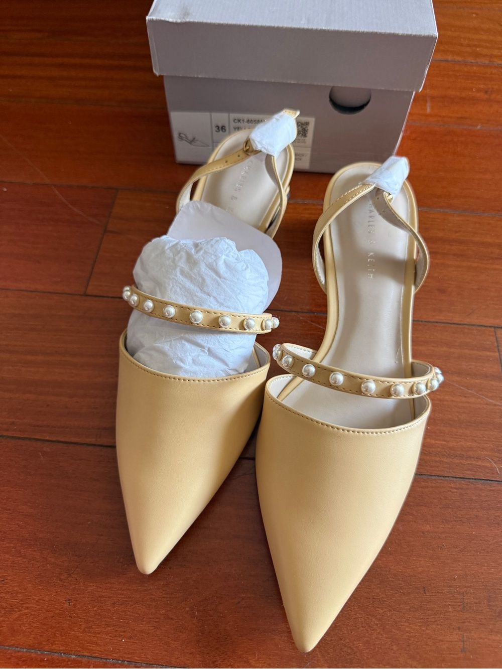 Charles & Keith Pale Yellow Pearl-Trim Pointed Toe Slingback Flats